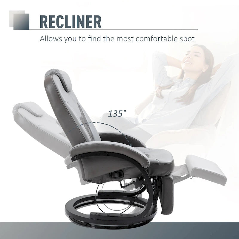 Grey PU Swivel Recliner Chair with Footrest & Headrest, for 1 Person