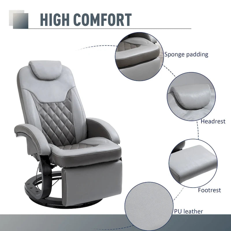 Grey PU Swivel Recliner Chair with Footrest & Headrest, for 1 Person