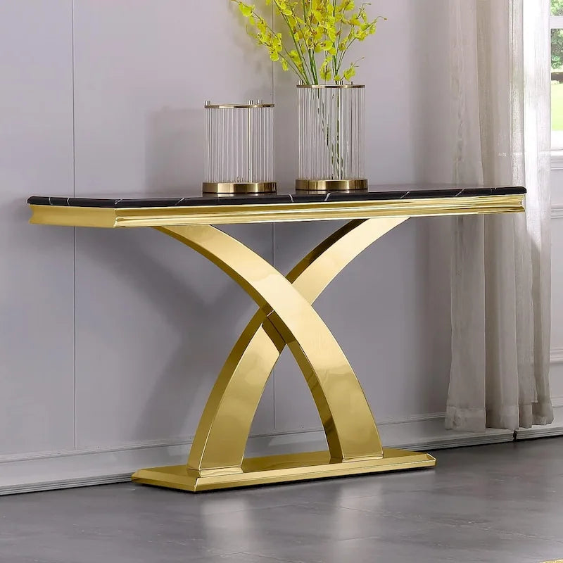 Gold & Silver Console Table, Double X-Base, 50 in.