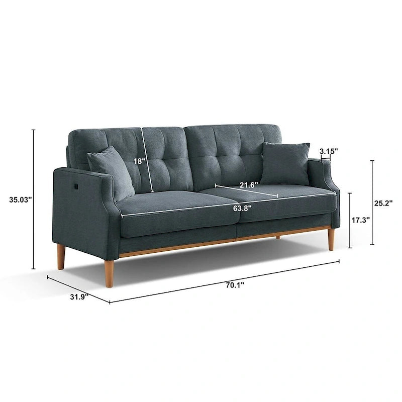 Canapé 3 places en tissu avec port USB – Bleu foncé / Gris clair / Bleu / Jaune