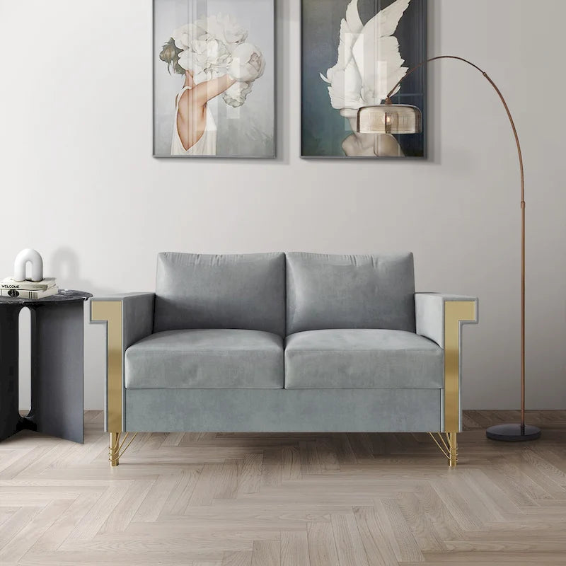 Velvet Upholstered Loveseat with Gold Accents, 2-Seater