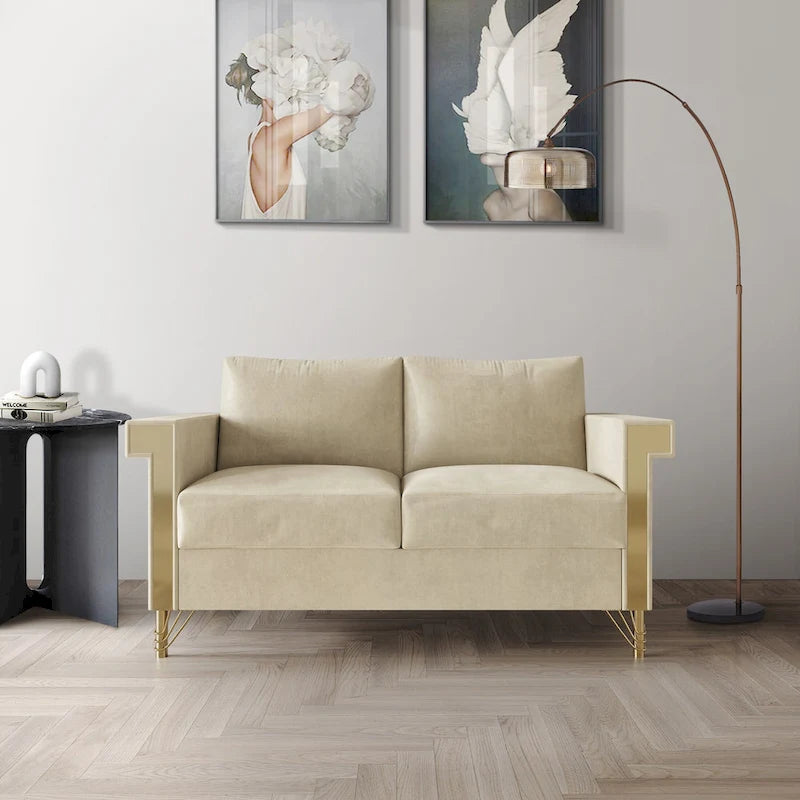 Velvet Upholstered Loveseat with Gold Accents, 2-Seater