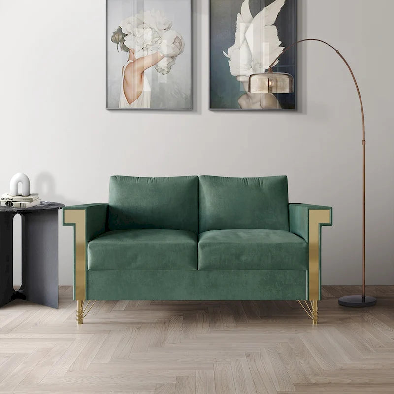Velvet Upholstered Loveseat with Gold Accents, 2-Seater
