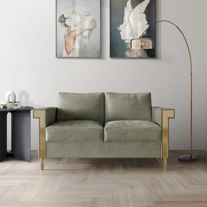 Velvet Upholstered Loveseat with Gold Accents, 2-Seater