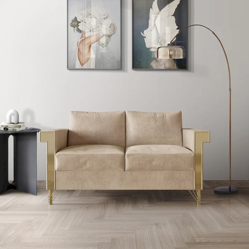 Velvet Upholstered Loveseat with Gold Accents, 2-Seater