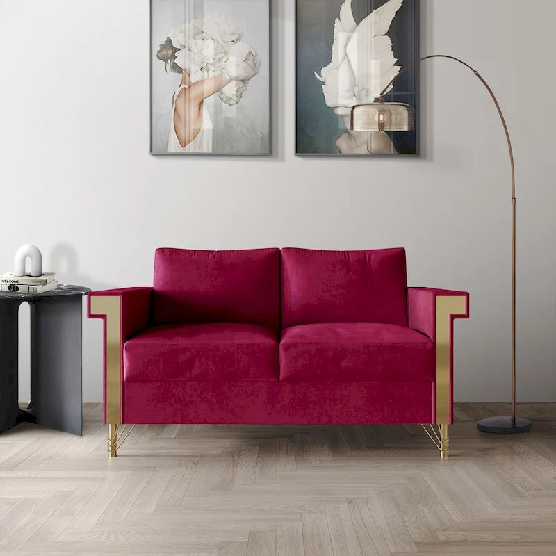 Velvet Upholstered Loveseat with Gold Accents, 2-Seater