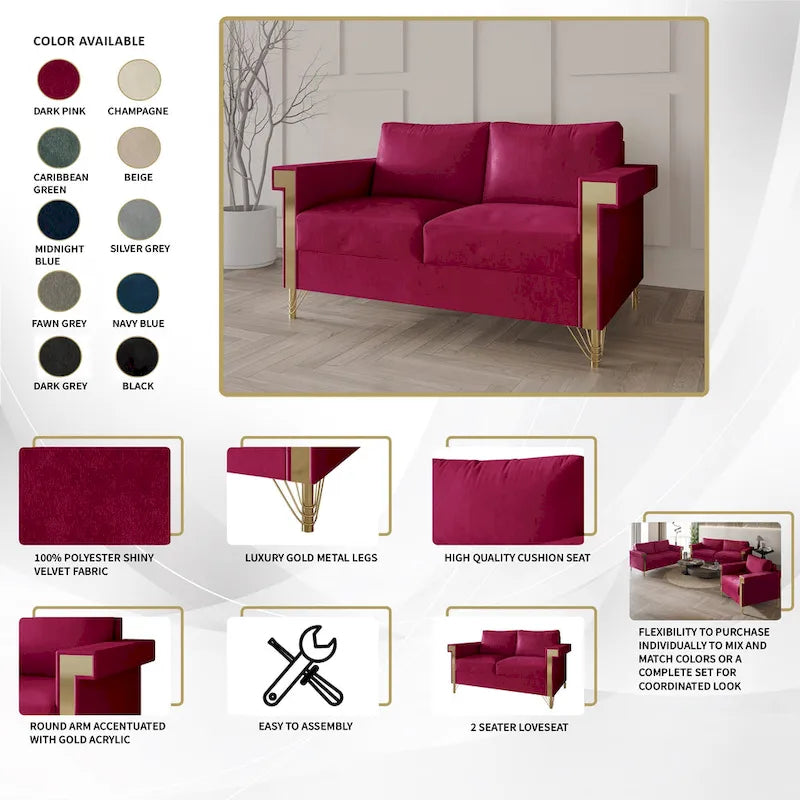 Velvet Upholstered Loveseat with Gold Accents, 2-Seater