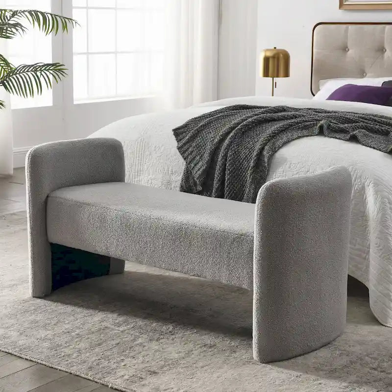 H-Frame Upholstered Bedroom Bench, Grey Teddy / Ivory / Black, 1-Seat