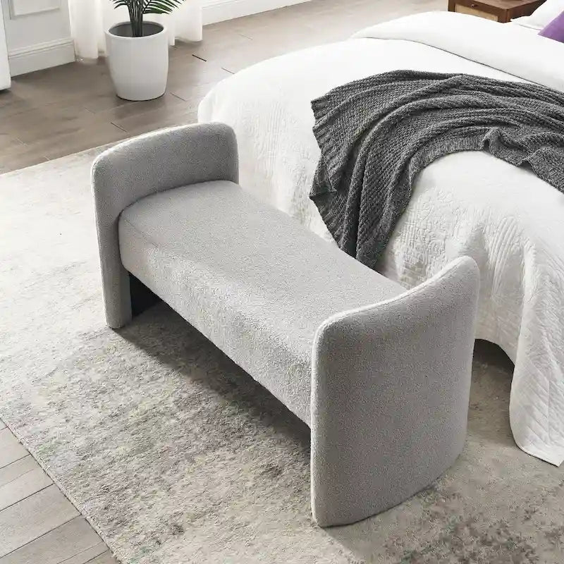 H-Frame Upholstered Bedroom Bench, Grey Teddy / Ivory / Black, 1-Seat