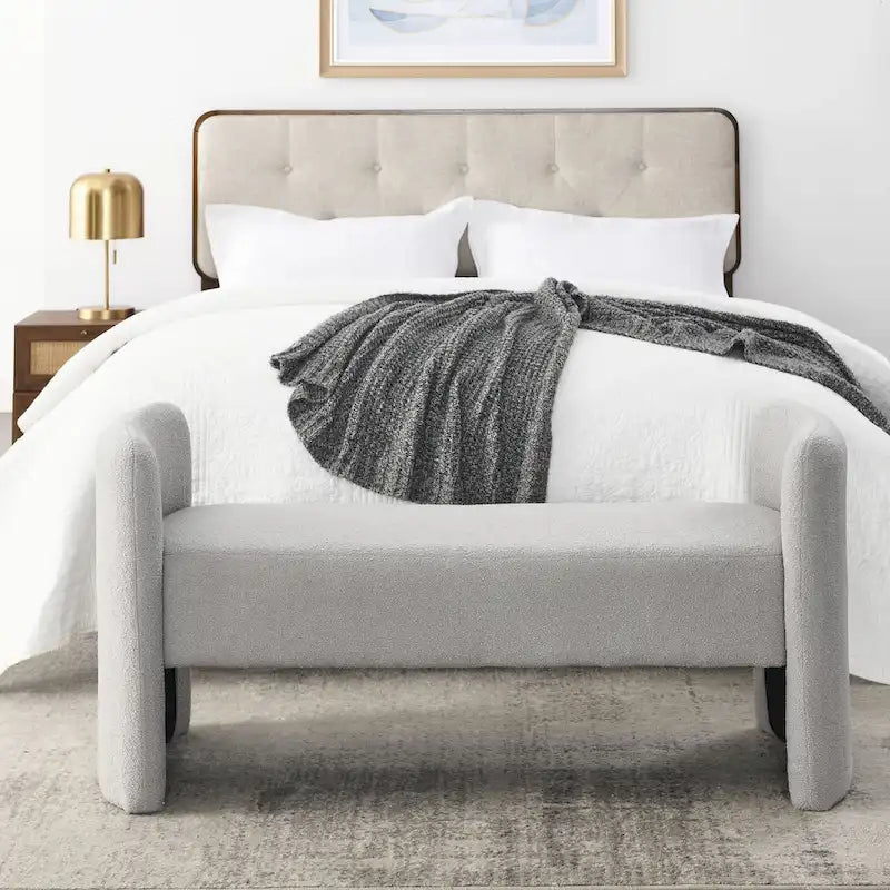 H-Frame Upholstered Bedroom Bench, Grey Teddy / Ivory / Black, 1-Seat