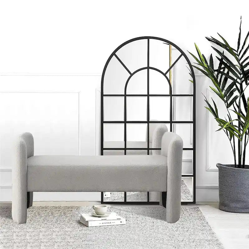 H-Frame Upholstered Bedroom Bench, Grey Teddy / Ivory / Black, 1-Seat