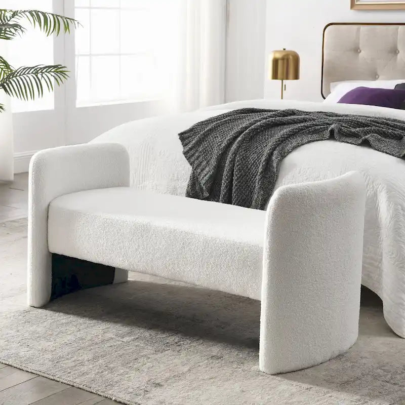 H-Frame Upholstered Bedroom Bench, Grey Teddy / Ivory / Black, 1-Seat