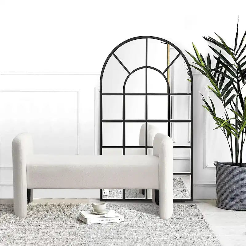 H-Frame Upholstered Bedroom Bench, Grey Teddy / Ivory / Black, 1-Seat