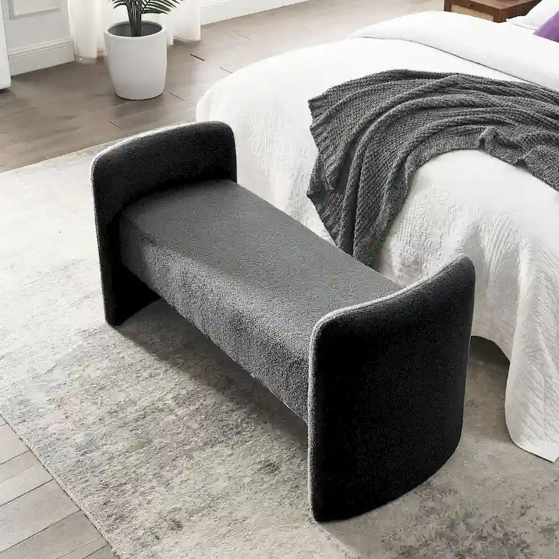 H-Frame Upholstered Bedroom Bench, Grey Teddy / Ivory / Black, 1-Seat