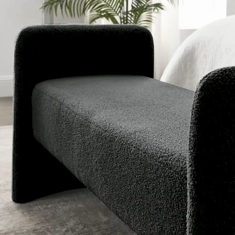 H-Frame Upholstered Bedroom Bench, Grey Teddy / Ivory / Black, 1-Seat