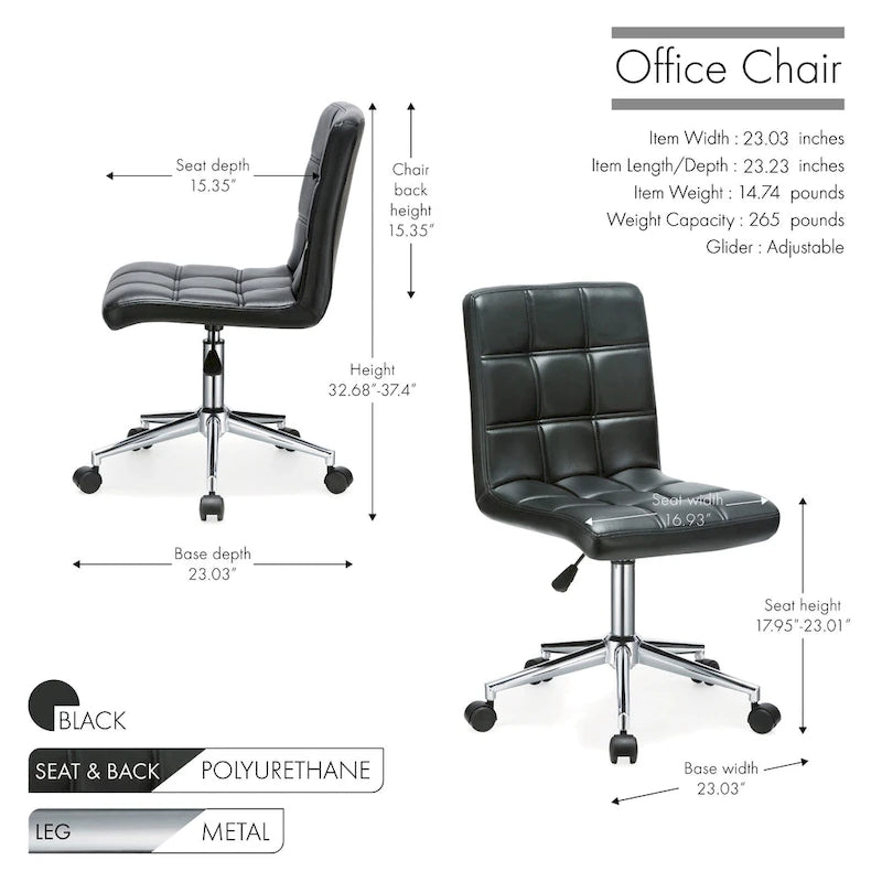 Black / Brown / Grey / Red / Pink Tufted PU Office Chair, Armless, 1-Person