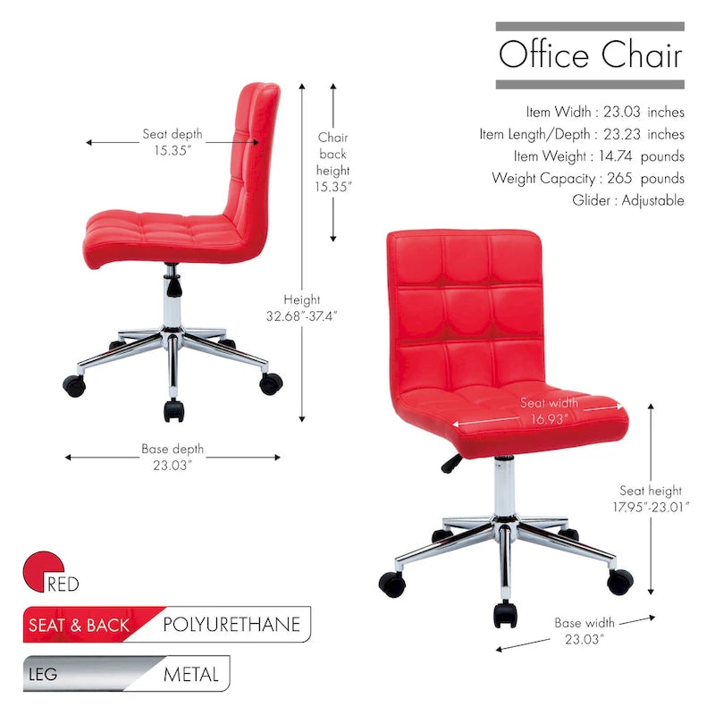 Black / Brown / Grey / Red / Pink Tufted PU Office Chair, Armless, 1-Person