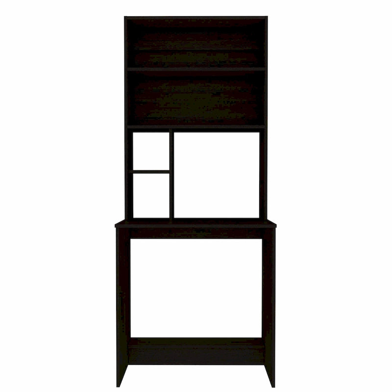 Black / Gray Oak / Light Gray Writing Desk with Hutch & 5 Open Shelves, 1-Person