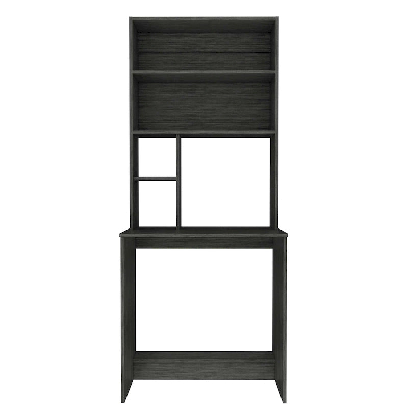 Noir / Chêne gris / Bureau Gris clair avec huche et 5 étagères ouvertes, 1 personne