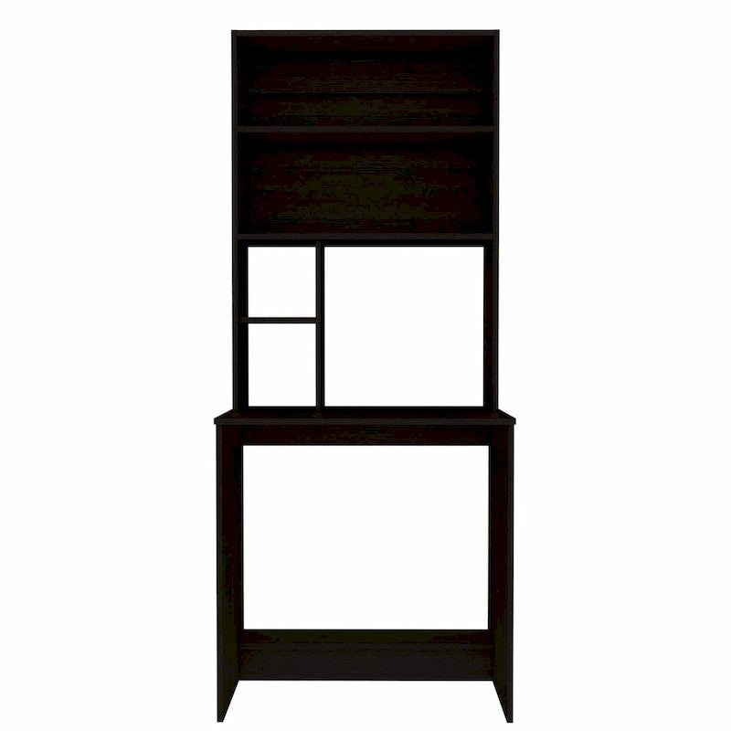 Black / Gray Oak / Light Gray Writing Desk with Hutch & 5 Open Shelves, 1-Person