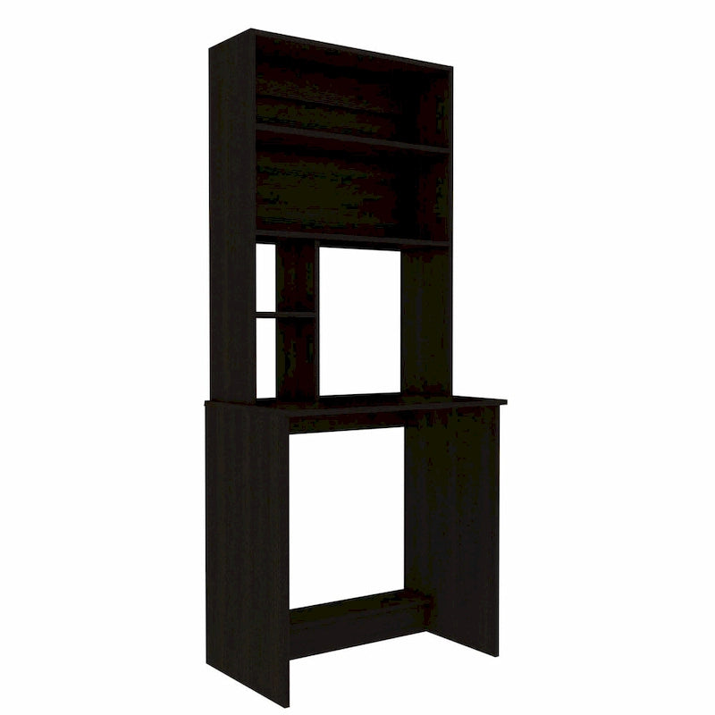 Black / Gray Oak / Light Gray Writing Desk with Hutch & 5 Open Shelves, 1-Person