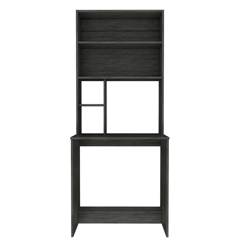 Black / Gray Oak / Light Gray Writing Desk with Hutch & 5 Open Shelves, 1-Person