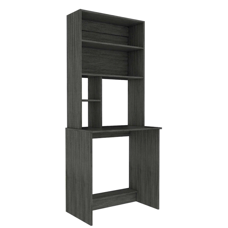 Black / Gray Oak / Light Gray Writing Desk with Hutch & 5 Open Shelves, 1-Person