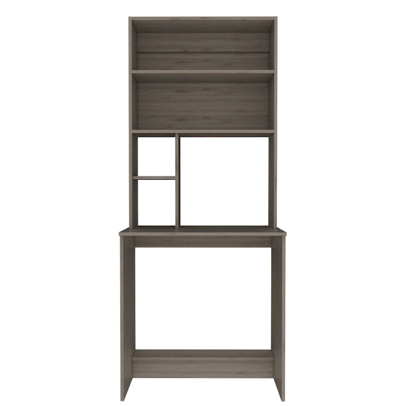 Black / Gray Oak / Light Gray Writing Desk with Hutch & 5 Open Shelves, 1-Person