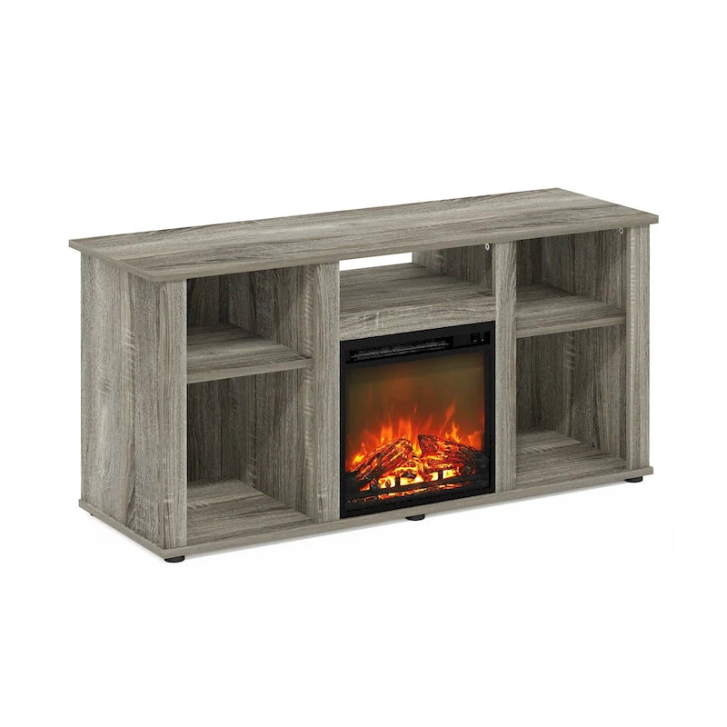 French Oak Grey / Solid White / Americano Electric Fireplace TV Stand with Open Shelves, Fits TVs up to 55"