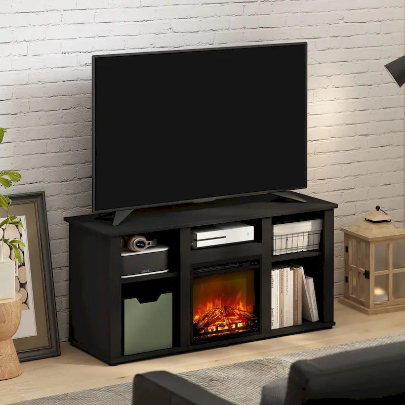 French Oak Grey / Solid White / Americano Electric Fireplace TV Stand with Open Shelves, Fits TVs up to 55"