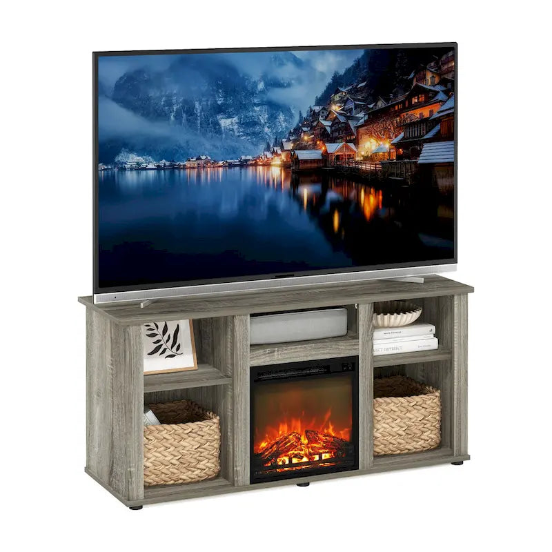 French Oak Grey / Solid White / Americano Electric Fireplace TV Stand with Open Shelves, Fits TVs up to 55"