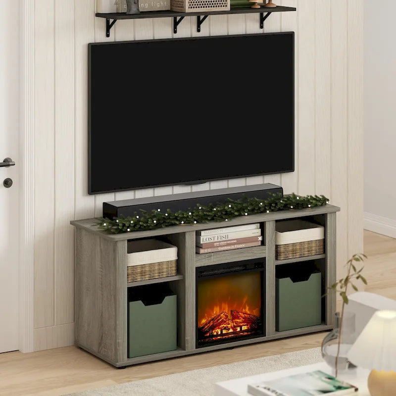 French Oak Grey / Solid White / Americano Electric Fireplace TV Stand with Open Shelves, Fits TVs up to 55"