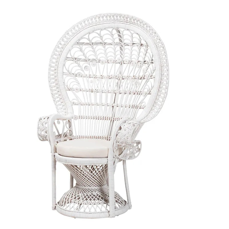 White Rattan Round-Back Accent Chair, Single