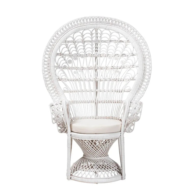 White Rattan Round-Back Accent Chair, Single