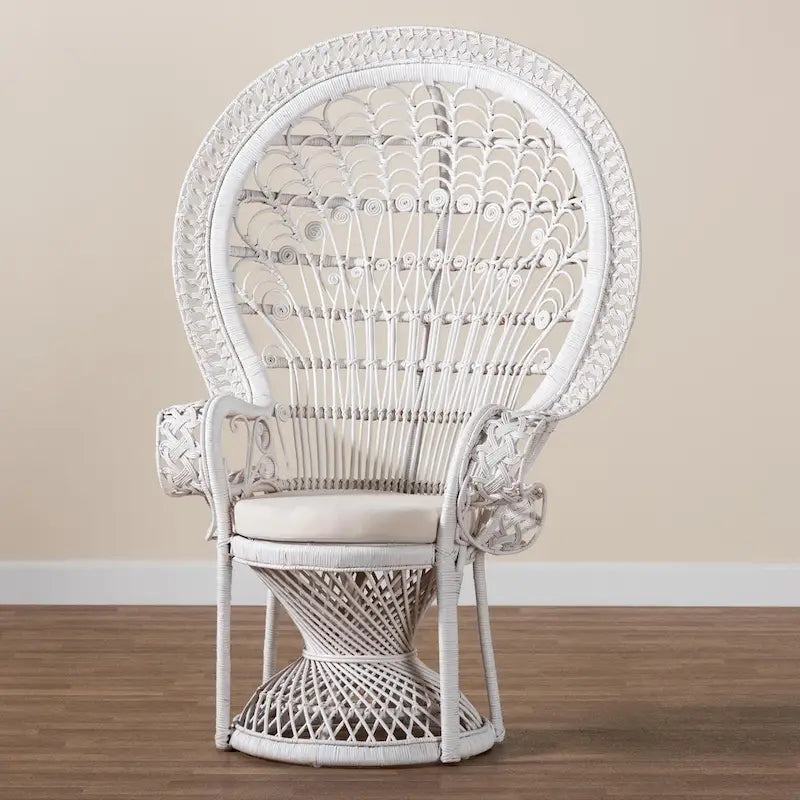 White Rattan Round-Back Accent Chair, Single