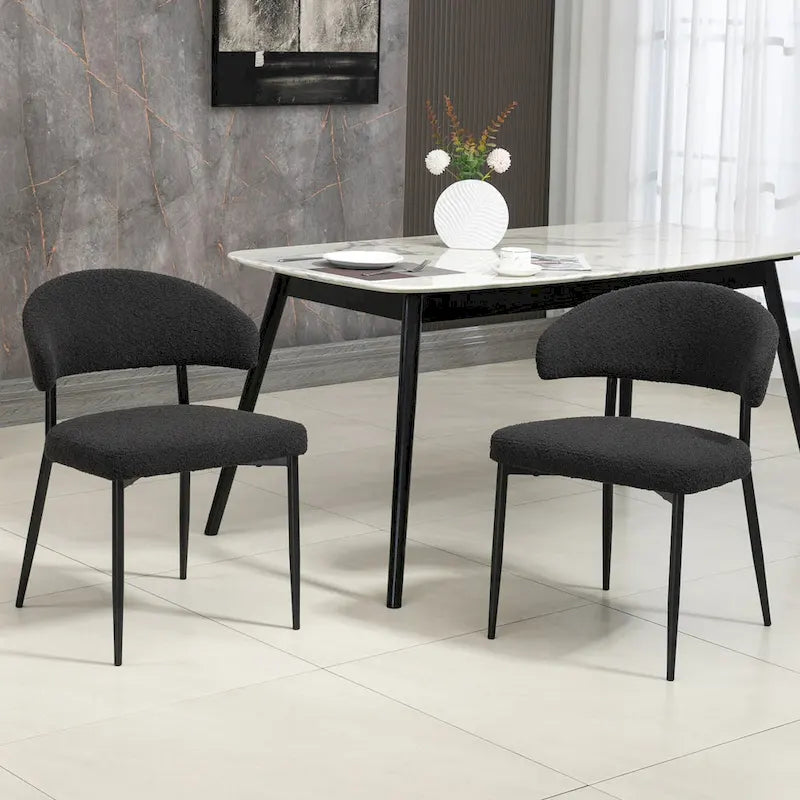 Black Boucle Dining Chair with Iron Legs, Set of 2