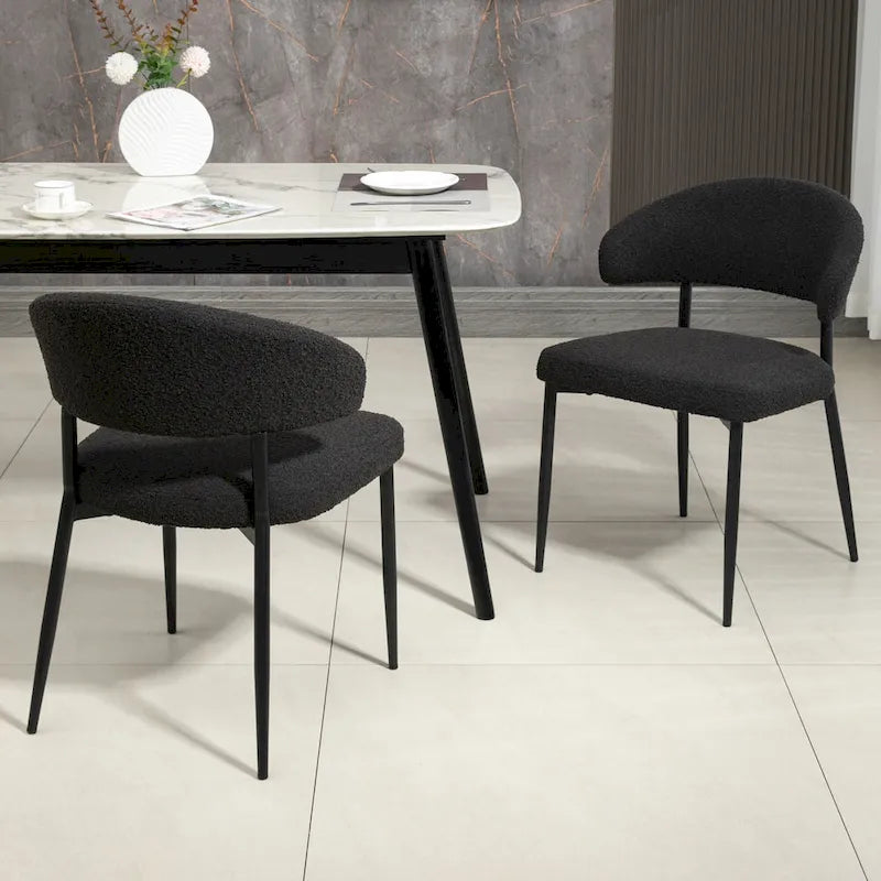 Black Boucle Dining Chair with Iron Legs, Set of 2