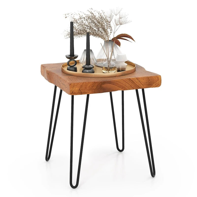 Brown Teak Wood & Metal End Table – Round / Square / Rectangular, 1-Person Use