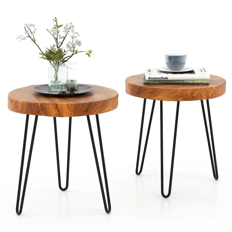 Brown Teak Wood & Metal End Table – Round / Square / Rectangular, 1-Person Use