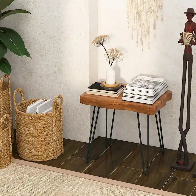 Brown Teak Wood & Metal End Table – Round / Square / Rectangular, 1-Person Use
