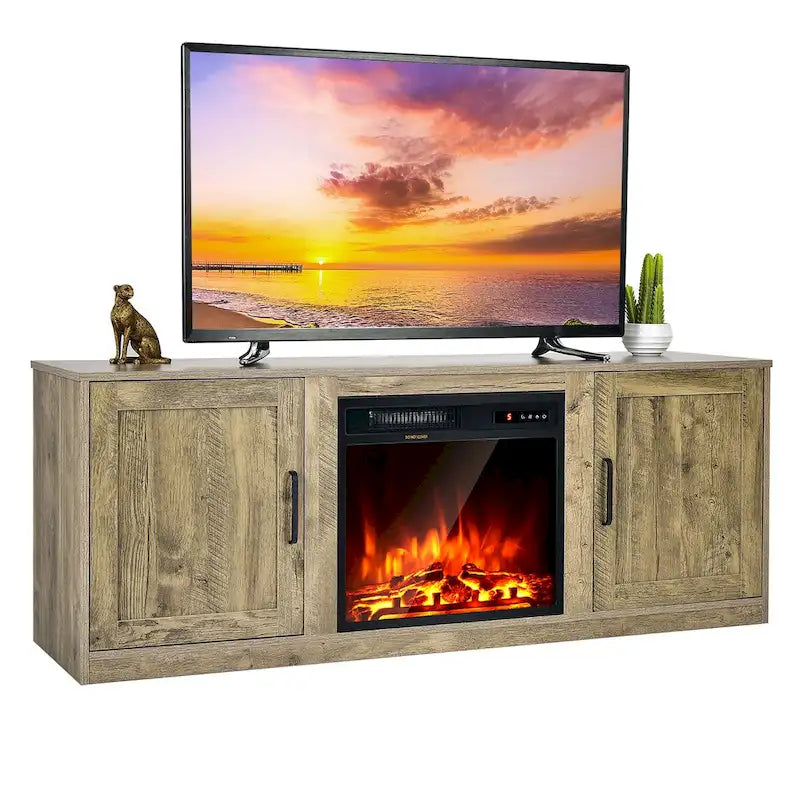 Natural 58" TV Stand with 18" Electric Fireplace Insert, Fits TVs up to 65"