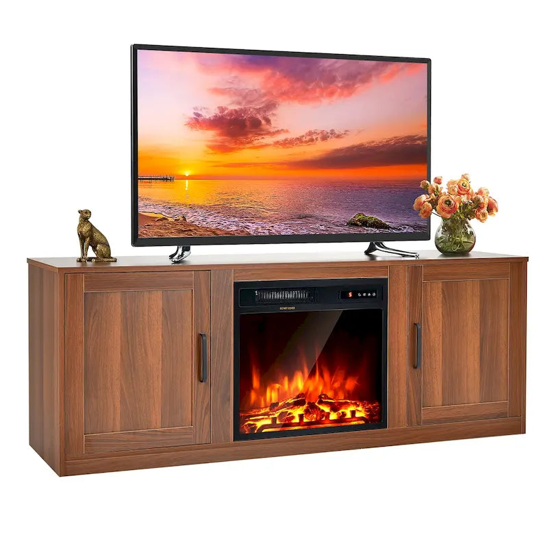Meuble TV naturel de 58 po avec insert de foyer électrique de 18 po, compatible avec les téléviseurs jusqu'à 65 po