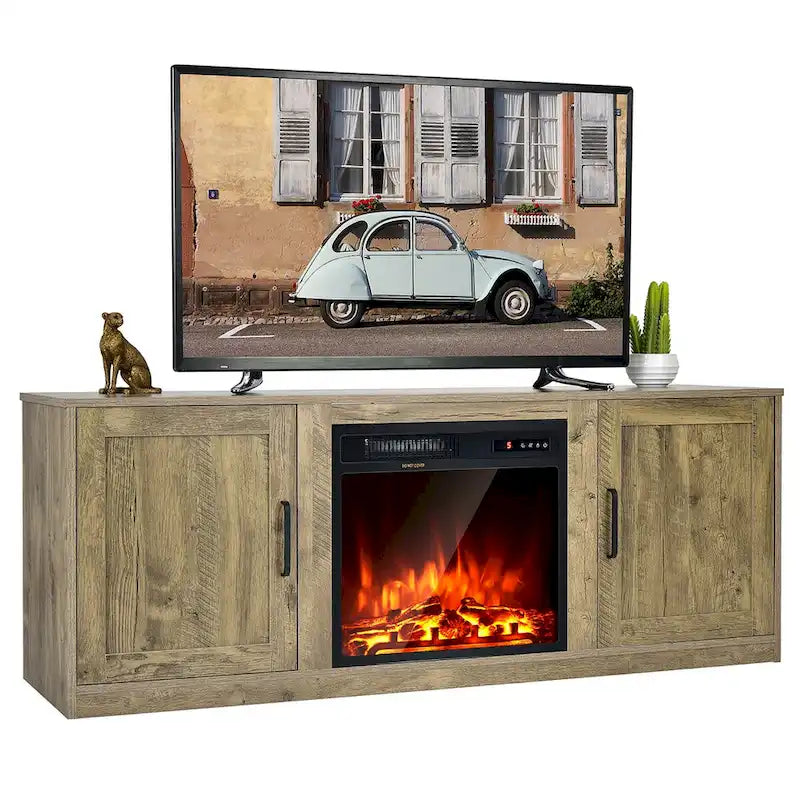 Natural 58" TV Stand with 18" Electric Fireplace Insert, Fits TVs up to 65"