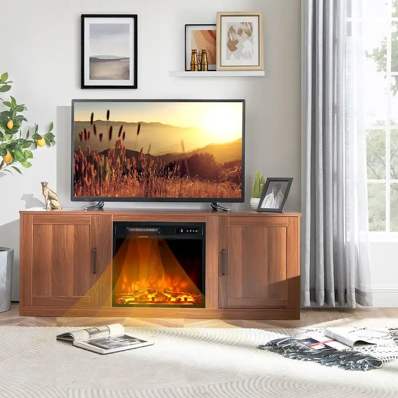 Natural 58" TV Stand with 18" Electric Fireplace Insert, Fits TVs up to 65"