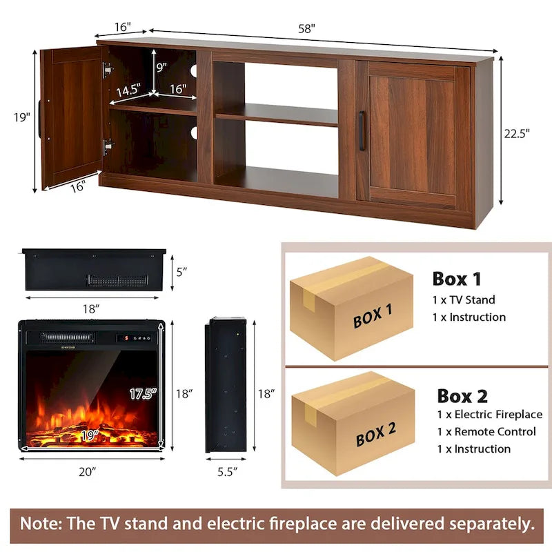 Natural 58" TV Stand with 18" Electric Fireplace Insert, Fits TVs up to 65"