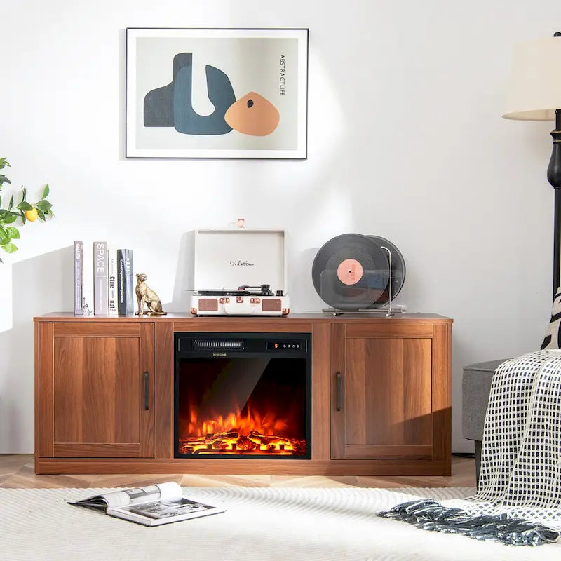 Natural 58" TV Stand with 18" Electric Fireplace Insert, Fits TVs up to 65"