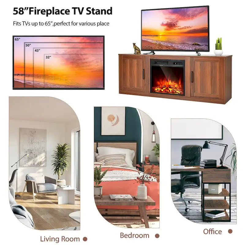 Natural 58" TV Stand with 18" Electric Fireplace Insert, Fits TVs up to 65"