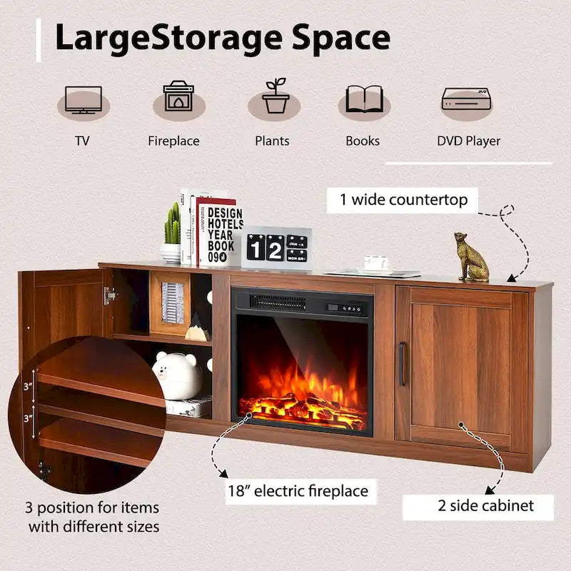 Natural 58" TV Stand with 18" Electric Fireplace Insert, Fits TVs up to 65"