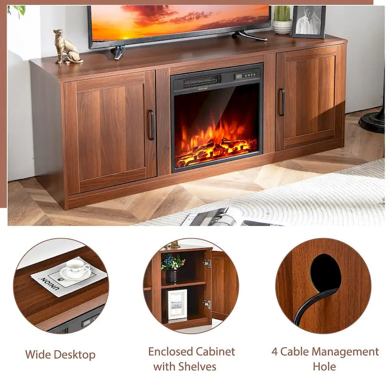 Natural 58" TV Stand with 18" Electric Fireplace Insert, Fits TVs up to 65"