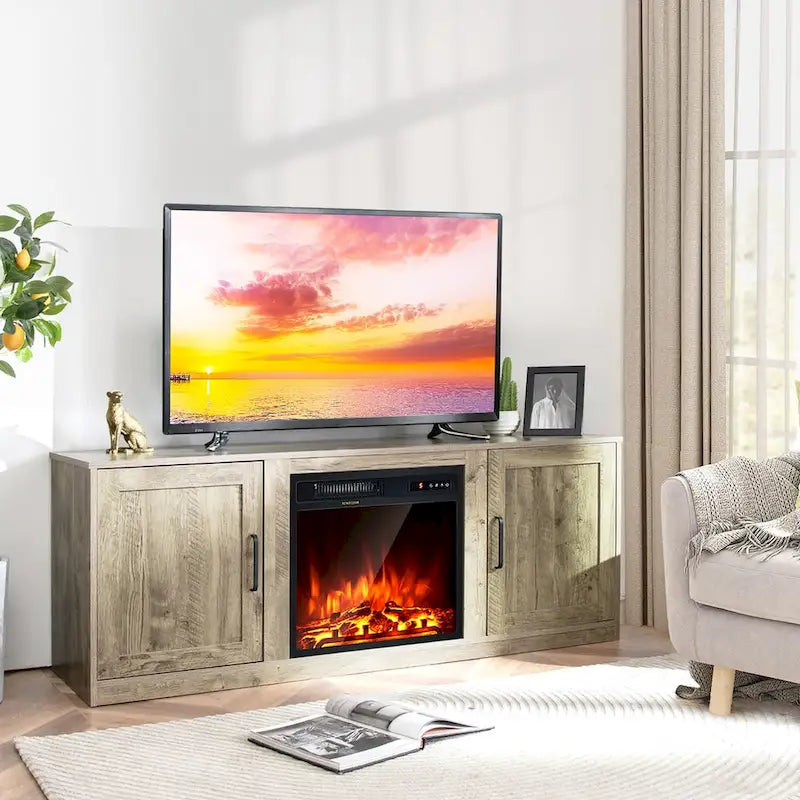 Natural 58" TV Stand with 18" Electric Fireplace Insert, Fits TVs up to 65"